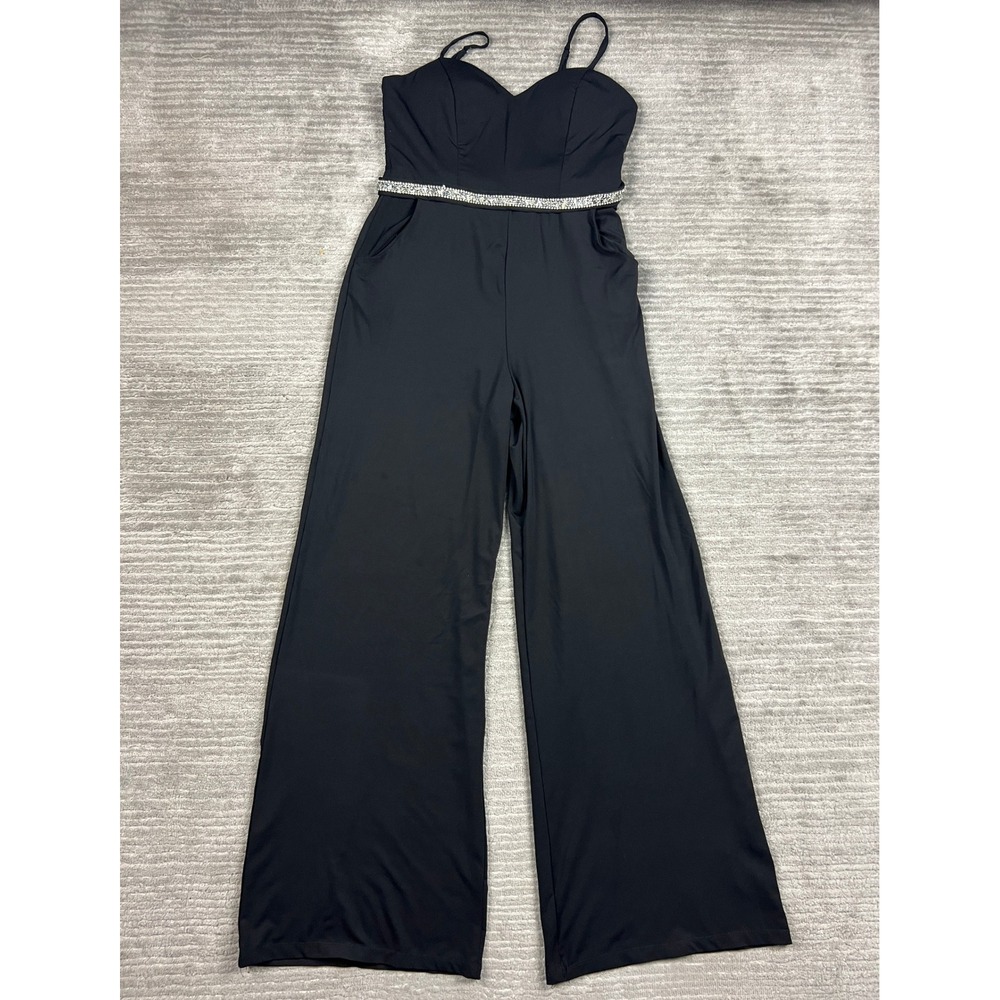 Crystal Doll Jumpsuit Womens 7 Black Wide Leg Rhinestone Waist Sweetheart Neck
